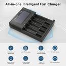 LiitoKala Lii-M4 charger featuring reverse polarity protection, smart bad battery detection, 0V activation, V0 flame-retardant material, overcurrent, overcharge, and short circuit protection.
