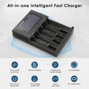 LiitoKala Lii-M4 charger featuring reverse polarity protection, smart bad battery detection, 0V activation, V0 flame-retardant material, overcurrent, overcharge, and short circuit protection.