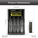 Detailed dimensions of LiitoKala Lii-M4S charger (146mm x 100mm x 33mm) and 18650 battery (18mm dia x 65mm flat top / 67.05mm button top), with full technical specifications.