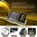 LiitoKala Lii-M4S charger showing 0.3A/0.5A/0.7A/1.0A adjustable charging current, high-definition LCD screen with touch control, and USB output used as a power bank for mobile phones.