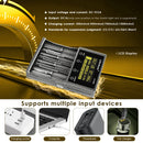 LiitoKala Lii-M4S charger showing 0.3A/0.5A/0.7A/1.0A adjustable charging current, high-definition LCD screen with touch control, and USB output used as a power bank for mobile phones.