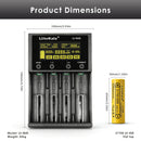 Detailed dimensions of LiitoKala Lii-M4S charger (146mm x 100mm x 33mm) and 21700 battery (21mm dia x 70.9mm flat top / 72mm button top), with full technical specifications.
