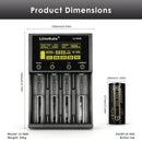 Detailed dimensions of LiitoKala Lii-M4S charger (146mm x 100mm x 33mm) and LiitoKala Lii-50A 26650 battery (26.3mm dia x 65.2mm flat top / button top adds ~2mm), with full technical specifications.