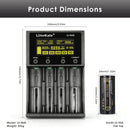 Detailed dimensions of LiitoKala Lii-M4S charger (146mm x 100mm x 33mm) and LiitoKala Lii-50A 26650 battery (26.3mm dia x 65.2mm flat top / button top adds ~2mm), with full technical specifications.