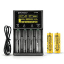LiitoKala Lii-M4S 4-slot smart charger kit with 2x 21700 5000mAh button top batteries. Includes touch control, 4 intelligent modes, power bank function, and LCD display. No wall adapter included.