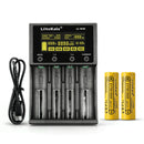LiitoKala Lii-M4S 4-slot smart charger kit with 2x 21700 5000mAh flat top batteries. Includes touch control, 4 intelligent modes, power bank function, and LCD display. No wall adapter included.