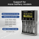 LiitoKala Lii-M4S charger compatibility chart supporting 3.7V Li-ion and 1.2V NiMH batteries in sizes 18650, 21700, 26650, 16340, AA, AAA, and more.