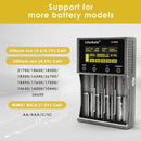 LiitoKala Lii-M4S charger compatibility chart supporting 3.7V Li-ion and 1.2V NiMH batteries in sizes 18650, 21700, 26650, 16340, AA, AAA, and more.