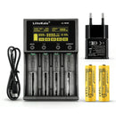 LiitoKala Lii-M4S 4-slot smart charger kit with EU plug adapter and 2x 21700 5000mAh button top batteries. Includes touch control, 4 intelligent modes, and power bank function.