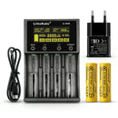 LiitoKala Lii-M4S 4-slot smart charger kit with EU plug adapter and 2x 21700 5000mAh flat top batteries. Includes touch control, 4 intelligent modes, and power bank function.