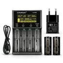 LiitoKala Lii-M4S 4-slot smart charger kit with EU plug adapter and 2x LiitoKala Lii-50A 26650 5000mAh button top batteries. Includes touch control, 4 intelligent modes, and power bank function.