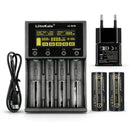  LiitoKala Lii-M4S 4-slot smart charger kit with EU plug adapter and 2x LiitoKala Lii-50A 26650 5000mAh flat top batteries. Includes touch control, 4 intelligent modes, and power bank function.