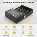 LiitoKala Lii-M4S charger featuring 6-layer safety protection including over-discharge, over-temperature, over-voltage, over-charge, short circuit, and over-current protection.