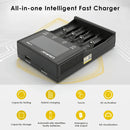 LiitoKala Lii-M4S charger featuring 6-layer safety protection including over-discharge, over-temperature, over-voltage, over-charge, short circuit, and over-current protection.