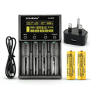 LiitoKala Lii-M4S 4-slot smart charger kit with UK plug adapter and 2x 21700 5000mAh button top batteries. Includes touch control, 4 intelligent modes, and power bank function.
