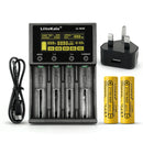 LiitoKala Lii-M4S 4-slot smart charger kit with UK plug adapter and 2x 21700 5000mAh flat top batteries. Includes touch control, 4 intelligent modes, and power bank function.