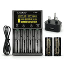  LiitoKala Lii-M4S 4-slot smart charger kit with UK plug adapter and 2x LiitoKala Lii-50A 26650 5000mAh button top batteries. Includes touch control, 4 intelligent modes, and power bank function.