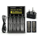 LiitoKala Lii-M4S 4-slot smart charger kit with UK plug adapter and 2x LiitoKala Lii-50A 26650 5000mAh flat top batteries. Includes touch control, 4 intelligent modes, and power bank function.
