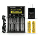 LiitoKala Lii-M4S 4-slot smart charger kit with US plug adapter and 2x 21700 5000mAh button top batteries. Includes touch control, 4 intelligent modes, and power bank function.