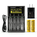 LiitoKala Lii-M4S 4-slot smart charger kit with US plug adapter and 2x 21700 5000mAh flat top batteries. Includes touch control, 4 intelligent modes, and power bank function.