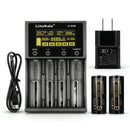 LiitoKala Lii-M4S 4-slot smart charger kit with US plug adapter and 2x LiitoKala Lii-50A 26650 5000mAh button top batteries. Includes touch control, 4 intelligent modes, and power bank function.