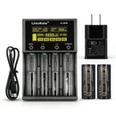  LiitoKala Lii-M4S 4-slot smart charger kit with US plug adapter and 2x LiitoKala Lii-50A 26650 5000mAh flat top batteries. Includes touch control, 4 intelligent modes, and power bank function.