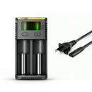 NITECORE NEW i2 2-slot intelligent battery charger with LCD display, ACD technology, and US plug for Li-ion and NiMH batteries.
