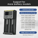NITECORE NEW i2 charger full compatible battery list supporting Li-ion/IMR/LiFePO4 from 10340 to 26650, flat-top 18700/20700/21700, and NiMH AA/AAA/C/D batteries.