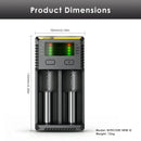 NITECORE NEW i2 2-slot charger detailed dimensions measuring 132mm by 70mm by 35mm, weighing 126g (without batteries and cord).