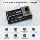 NITECORE NEW i2 2-slot charger features 20-hour auto-shutoff overcharge protection, reverse polarity protection, and smart temperature control for safe charging.