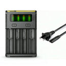 NITECORE NEW i4 4-slot intelligent battery charger with LCD display, ACD technology, and US plug for Li-ion and NiMH batteries.