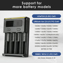 NITECORE NEW i4 charger full compatible battery list supporting Li-ion/IMR/LiFePO4 from 10340 to 26650, flat-top 18700/20700/21700, and NiMH AA/AAA/C/D batteries.