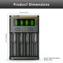 NITECORE NEW i4 4-slot charger detailed dimensions measuring 140mm by 94.8mm by 37mm, weighing 202g (without batteries and cord).