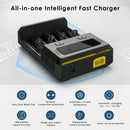 NITECORE NEW i4 charger features 20-hour auto-shutoff overcharge protection, reverse polarity protection, and smart temperature control for safe charging.