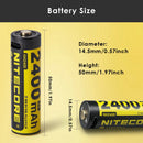 NITECORE NH2400 battery detailed dimensions measuring 14.5mm diameter by 50.3mm height, weighing 21g with 3600mWh rated energy and USB-C input.