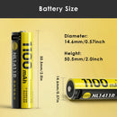 NITECORE NL1411R 14500 battery detailed dimensions measuring 14.5mm diameter by 50.3mm height, weighing 21g with 3.96Wh rated energy.