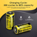 NITECORE NL169R 16340 battery chart showing 900mAh capacity, 38% more runtime than 650mAh cells, and 500 recharge cycles for long-term low-cost use.