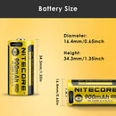 NITECORE NL169R 16340 battery detailed dimensions measuring 16.5mm diameter by 36.3mm height, weighing 20g with 3.24Wh rated energy.
