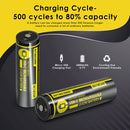 NITECORE NL1834R-C 18650 battery cycle life chart showing 500 recharge cycles and stable 3400mAh capacity retention, replacing 500 pairs of CR123 batteries.