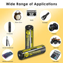 NITECORE NL1834R-C 18650 battery applied in outdoor camping, flashlights and emergency gear, charged via solar panel, power bank, or wall adapter using the built-in USB-C port.