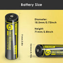 NITECORE NL1834R-C 18650 battery detailed dimensions measuring 18.5mm diameter by 71.0mm height, weighing 50g with 12.58Wh rated energy and USB-C input.
