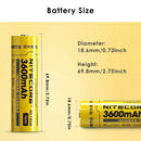 NITECORE NL1836 18650 battery detailed dimensions measuring 18.6mm diameter by 69.8mm height, weighing 49g with 12.96Wh rated energy.