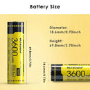 NITECORE NL1836HP 18650 battery detailed dimensions measuring 18.6mm diameter by 69.8mm height, weighing 49g with 12.96Wh rated energy.