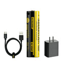 NITECORE NL1836R 18650 battery kit with 3600mAh capacity, 5A discharge, built-in USB-C charging port, USB-C cable, and US plug fast charging adapter. US plug only.