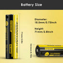 NITECORE NL1836R 18650 battery detailed dimensions measuring 18.5mm diameter by 71mm height, weighing 50g with USB-C direct charging port.