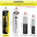 NITECORE NL1836R 18650 battery guide showing the standard button top positive terminal and the built-in USB-C charging port for dual charging options.