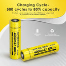 NITECORE NL1840 18650 battery chart showing 4000mAh capacity, 14.4Wh energy, and 500 cycle life, providing 4 times the capacity of 4x CR123A batteries.