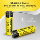 NITECORE NL1840 18650 battery chart showing 4000mAh capacity, 14.4Wh energy, and 500 cycle life, providing 4 times the capacity of 4x CR123A batteries.