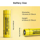 NITECORE NL1840 18650 battery detailed dimensions measuring 18.6mm diameter by 69.8mm height, weighing 50g with 14.4Wh rated energy.