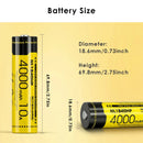 NITECORE NL1840 18650 battery detailed dimensions measuring 18.6mm diameter by 69.8mm height, weighing 50g with 14.4Wh rated energy.